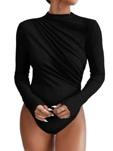 lot 3357 image: SweatyRocks Womens Bodysuit Mock Neck Casual Ruched Long Sleeve Jumpsuit Black Small - Retail $29