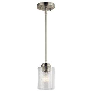 lot 3368 image: Kichler Winslow 7.5 Mini Kitchen Pendant with Clear Seeded Glass in Brushed Nickel, (7.5 H x 4.25 W), 44032NI - Retail $45