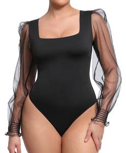 lot 3379 image: FeelinGirl Long Sleeve Shapewear Bodysuit Womens Mesh Bodysuit Square Neck Going Out Tops Date Night Outfit Black S - Retail $30