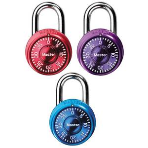 lot 3380 image: Master Lock Padlock, Mini Dial Combination Lock for Gym or School Lockers, Small Lock is 1-916 Inches Wide, Color Assortment Pack, (Pack of 3), 1533TRI - Retail $25