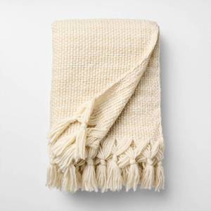 lot 3389 image: 50 x 60 Throw Mixed Yarn Woven with Crossed Tassels Cream and Khaki - Threshold Design with Studio McGee - Retail $30
