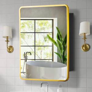 lot 3390 image: Movo Mirror Medicine Cabinet 20 Inch x 28 Inch Gold Metal Framed Bathroom Medicine Cabinet with Mirror Rectangle Recess or Surface Mount Installation - Retail $150