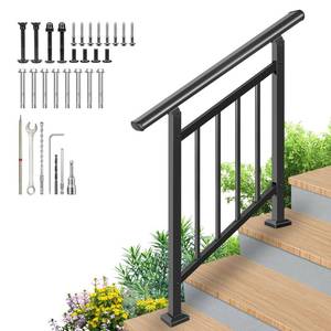 lot 1522 image: Bobolish Upgrade 2 in 1 3 Step Stair&Horizontal Handrails, Adjustable 40x38 Stair Railing Kits, Black Wrought Iron Hand Rails for Outdoor Steps,Concrete Step, Porch Railing, with Installation Kit - Retail $100