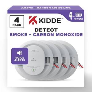 lot 1525 image: Kidde Hardwired Smoke & Carbon Monoxide Detector, 10-Year Battery Backup, Voice Alerts, Interconnectable LED Warning Light Indicators, 4 Pack - Retail $226