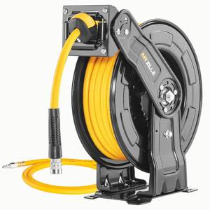 lot 1538 image: AIRZILLA Premium Steel Retractable Air Hose Reel With Dual Arm, 38x65Ft Hybrid Polymer Hose, Heavy Duty Air Hose Reel included Auto Rewind Reel  Quick Air Coupler  Durable Double side Frame - Retail $190