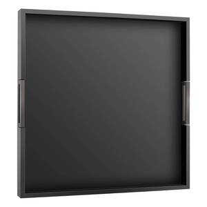 lot 1542 image: Joy&Grace Large Square Ottoman Tray for Living Room and Coffee Table 20 Inch Decorative Wooden Serving Tray with Handles for Breakfast in Bed, Dinner Food Kitchen TV (Black, 20 x 20 x 2) - Retail $43