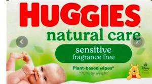 lot 3411 image: Huggies Natural Care Sensitive Baby Wipes, Unscented, Hypoallergenic, 99% Purified Water, Flip-Top Pack 64 Wipes&nbsp