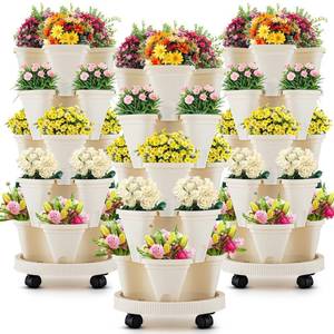 lot 3431 image: Nitial 3 Set 5 Tier Vertical Garden Planter Stackable Planters with Tray and Planting Tools Accessories for Indoor Outdoor Strawberries Herbs Peppers Flowers and Succulents - Retail $77