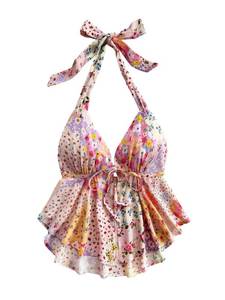 lot 3439 image: SOLY HUX Womens Floral Print Boho Flowy Halter Top Ruffle Trim Babydoll Vest Shirts Beach Vacation Clothes Pink Floral Large&nbsp