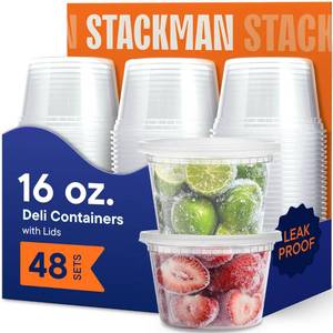 lot 3454 image: Stack Man 16 oz Deli Containers with Lids (48 Sets) Pint Clear Plastic Food Storage Containers, Airtight Leak-Resistant Seal, BPA-Free, Microwave &amp Freezer Safe, Meal Prep Soup Takeout To-Go - Retail $14