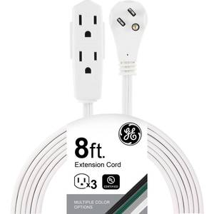 lot 3455 image: GE 3-Outlet Flat Extension Cord 8 Ft Grounded Extension Cord with Multiple Outlets 3 Prong Outlet Extender Flat Plug Indoor Power Strip 16 Gauge UL Listed White 50251 - Retail $13