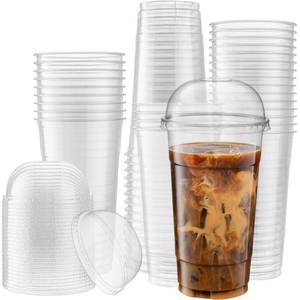 lot 3488 image: 50 Sets - 32 Oz Crystal Clear PET Plastic Cups With Dome lids for Iced Coffee, Milkshake, Cold Drinks, Slush Cups, Smoothys, Slurpee, Partys, Plastic Disposable Cups - Retail $28