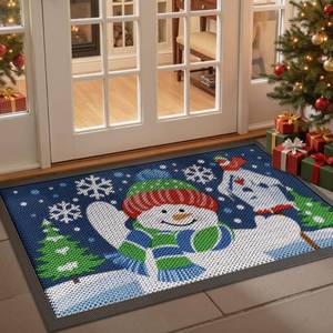 lot 3490 image: DEXI Christmas Front Door Mat Outside Entrance, 3x5 ft Winter Snowman Welcome Entryway Doormat Dirt Trapper, Heavy Duty Non Slip Entry Mats for Patio Garage Porch Home, Blue White - Retail $66