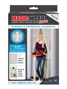 lot 3496 image: Magic Mesh Deluxe, White  Magnetic Screen Door, Heavy Duty, Magnetic Closure, Door Net, Patio Screen, Sliding Door Screen, Bug Screen for Doorways, Kid & Pet Friendly  Size 39 x 83 (Pack of 1) - Retail $24