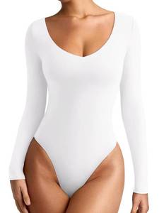 lot 3511 image: REORIA Womens V Neck Long Sleeve Bodysuits Comfy Double Lined Basic Tank Top Body Suits(White Medium) - Retail $27
