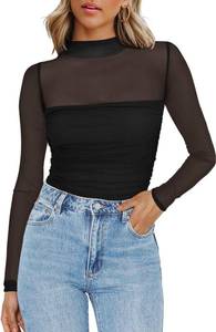 lot 3512 image: Zeagoo Womens Mesh Sheer Long Sleeve Top Mock Turtle Neck See Though Shirts Ruched Sexy Casual Going Out Blouses Black Small - Retail $15