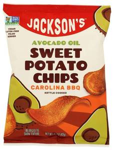lot 3548 image: Jacksons Chips Sweet Potato Chips Avocado Oil Carolina Barbeque Flavor Kettle Cooked, Vegan, Gluten Free, Non GMO, Paleo and Kosher Friendly, 5 Ounce (Pack of 12)&nbsp