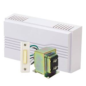 lot 3566 image: Newhouse Hardware Hardwired Chime Kit with 16-Volt30VA Transformer and Surface-Mount White Button - Retail $23