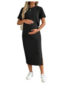 lot 3575 image: SHENHE Womens Maternity Ribbed 2 Piece Outfits Short Sleeve Crop Top Bodycon Slit Midi Skirt Set Black Large&nbsp