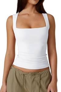 lot 3576 image: QINSEN Womens Tank Top Sleeveless Square Neck Casual Basic Fitted T- Shirts White L - Retail $20