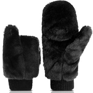lot 3577 image: SATINIOR 1 Pair Faux Fur Mittens Fingerless Gloves Convertible Gloves Fluffy Winter Warm Soft Half Finger Fuzzy for Women (Black) - Retail $17