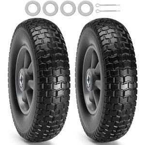 lot 3596 image: VEVOR (2-Pack) 10 x 2.5 Solid Rubber Tire Wheels, 10 inch Tire and Wheel Flat Free with 58 Bearings, 2.1 Offset Hub Replacement Wheelbarrow Tires- Perfect for Hand Truck, Wheelbarrow, Garden Cart - Retail $18