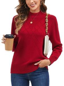 lot 3617 image: LATAHUO Womens Long Sleeve Mock Neck Sweaters Solid Color Casual Knit Pullover Tops Trendy Fall Winter Fashion Clothes 2025, Wine Red, Large - Retail $36