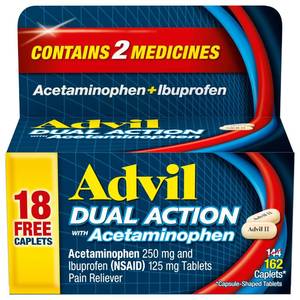 lot 3624 image: Advil Dual Action Coated Caplets with Acetaminophen, Ibuprofen 125 Mg and Acetaminophen 250Mg, 144 Count, 18 Bonus Caplets - Retail $20