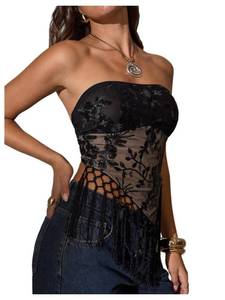 lot 3639 image: MakeMeChic Womens Sequin Tube Top Fringe Y2K Tassel Mesh Sheer Rave Sparkly Party Tops Black X-Small - Retail $27