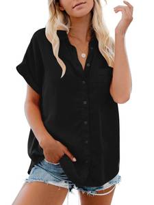 lot 3669 image: Womens Button Down Casual Shirts Cotton Short Sleeve Blouses Solid Summer Tops with Pocket Black XXL - Retail $15