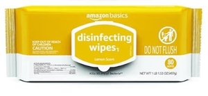 lot 3684 image: Amazon Basics Disinfecting Wipes, Lemon Scent, SanitizesCleansDisinfectsDeodorizes, Pack of 80&nbsp