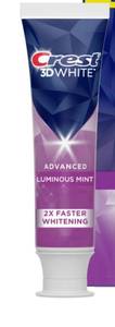 lot 3687 image: Crest 3D White Advanced Luminous Mint Teeth Whitening Toothpaste, Crest Toothpaste, 3.7 oz - Helps Remove Surface Stains, Whitens Teeth, Strengthens Tooth Enamel, Protects Against Cavities&nbsp