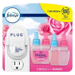 lot 3689 image: Febreze Plug-In Air Freshener, Odor-Fighting Scented Oil Starter Kit, Air Fresheners for Home and Bathroom and Kitchen, Long Lasting for Strong Odors, Downy April Fresh Scent, Warmer  2 Refill - Retail $12