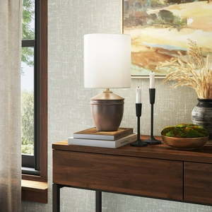 lot 7145 image: Threshold Mini Ceramic Table Lamp  Dark Gray With Ribbed Base And White Drum Shade  No Bulbs Included