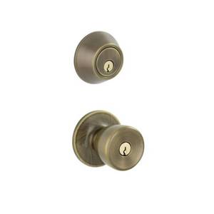 lot 7151 image: Brill Antique Brass Single Cylinder Deadbolt and Keyed Entry Door Knob Combo Pack