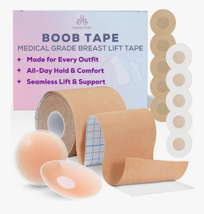 lot 7164 image: Boob Tape  Boobtape Kit with Silicone and Non-Woven Nipple Covers  Boobytape for Breast Lift  Sticky Boob and Breast Lift Tape for Women - Strapless Dress Body Tape for Women Beige