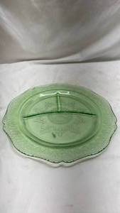 Green Depression Glass Plate with Etched Design with Uranium Glow