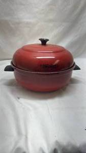 lot 406 image: Bundt Rice Cooker - Red Enamel Double Steamer
