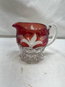 lot 456 image: Ruby Red Glass Creamer with Etched Fern Design