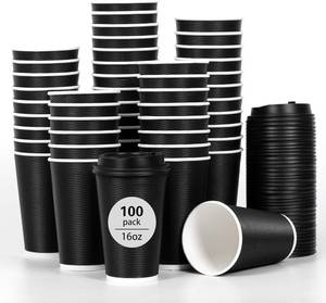 lot 1543 image: DAILYLIFE 16oz Insulated Black Disposable Coffee Cups with Lids- 100 Pack, To Go Coffee Cups for Hot Drinks, Leak Proof Design, Ideal for Cafes, Offices, Parties and Family