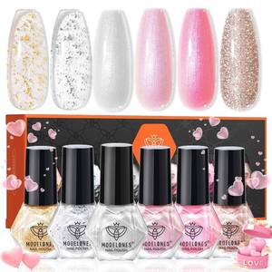 lot 2540 image: modelones Pink Nail Polish Set, 6 Colors White Gold Foil Glitter Silvery Pearl Shimmer Quick Dry Mini Starter, Long Lasting Art DIY Manicure Kit at Home for Women Girls Wedding Gifts