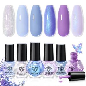 lot 2555 image: modelones Nail Polish Set, 6 Colors 2025 Baby Blue Purple Nail Polish Set Shimmer Glitter Sliver Fast Drying Mini Nail Lacquer Kit Finger Manicure DIY Nail Art Home Salon Gift for Women Girl