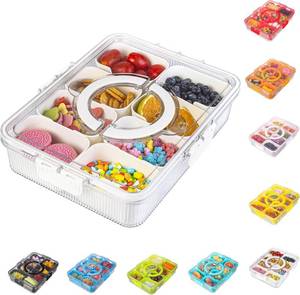 lot 2568 image: Patent Design Ribbed Snackle Box Container Snack Container Divided Serving Tray with Lid and Handle, 8 Divider Portable Snacklebox for Travel Beach for Charcuterie Veggie Fruit Candy,1 Pack