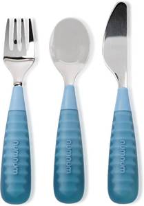 lot 2594 image: NumNum Toddler Utensils Set, 4th Stage Kids Silverware for 2 Years, Pre-Spoon, Fork, Spoon & Knife GOOtensils with Stainless Steel Heads, BPA-Free Silicone Toddler Feeding Essentials, 3-Pack Blue