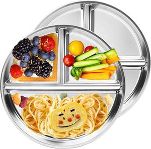lot 2599 image: Stainless Steel Kids Plates 2 Packs, 9 Toddlers Divided Plates, Portion Control Plate for Bariatric Adults, Non Toxic Unbreakable Baby Dinner Dishes, 304 Metal Camping Food Tray