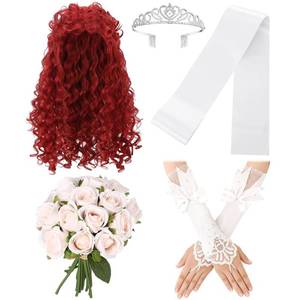 lot 6222 image: 6 Pcs Halloween Singer Costume Set Include Red Long Fluffy Long Curly Afro Wig Bouquet Sash Crown Bow Gloves and Letter Sticker for Halloween Role Playing Party and Daily Supplies