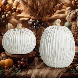 lot 6226 image: 2PCS Autumn Pumpkin Decorations Harvest Festival Rustic Resin Pumpkin Decorations Carved White Pumpkin Statue Table Decorations for Halloween Weddings Fireplaces (B Thin line Pumpkin)