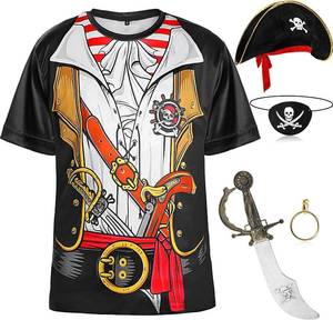 lot 6228 image: Sintege 5 Pcs Pirate Costume Set with Pirate T-Shirt,Hat, Eye Patch Earrings,Knife for Halloween Masquerade Cosplay