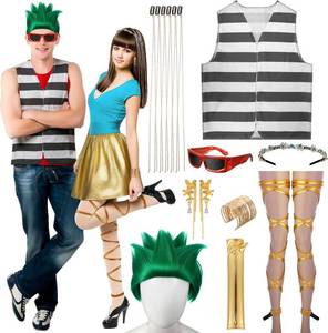 lot 6231 image: 9 Pcs Halloween Monster Couple Costume Include Green Wig, Striped Vest, Glasses, Green Rhinestones Headband, Hair Chain, Gold Earrings, Arm Cuff, Sleeve, Leg Rave for Halloween Anime Character Cosplay
