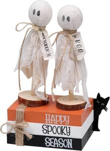 lot 6234 image: Halloween Decorations Indoor, 1 Set of Happy Spooky Season Wood Faux Books Stack,2 Primitive Halloween Ghosts on Wood Stand & 1 Black Cat Centerpiece for Tiered Tray Table Shelf Decor
